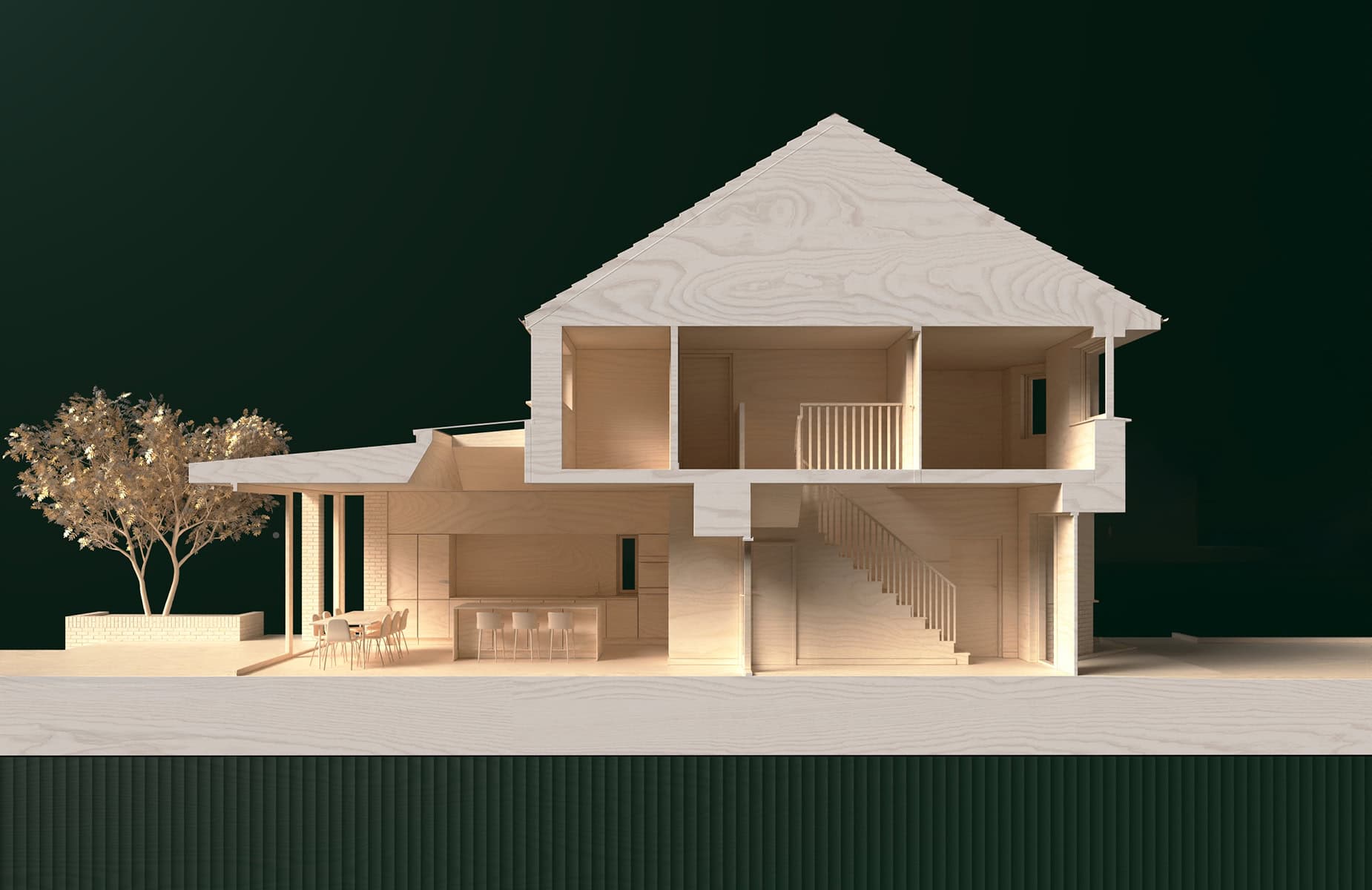 A cross-sectional view of the open-plan kitchen, dining, and living spaces, emphasizing natural light and flow.