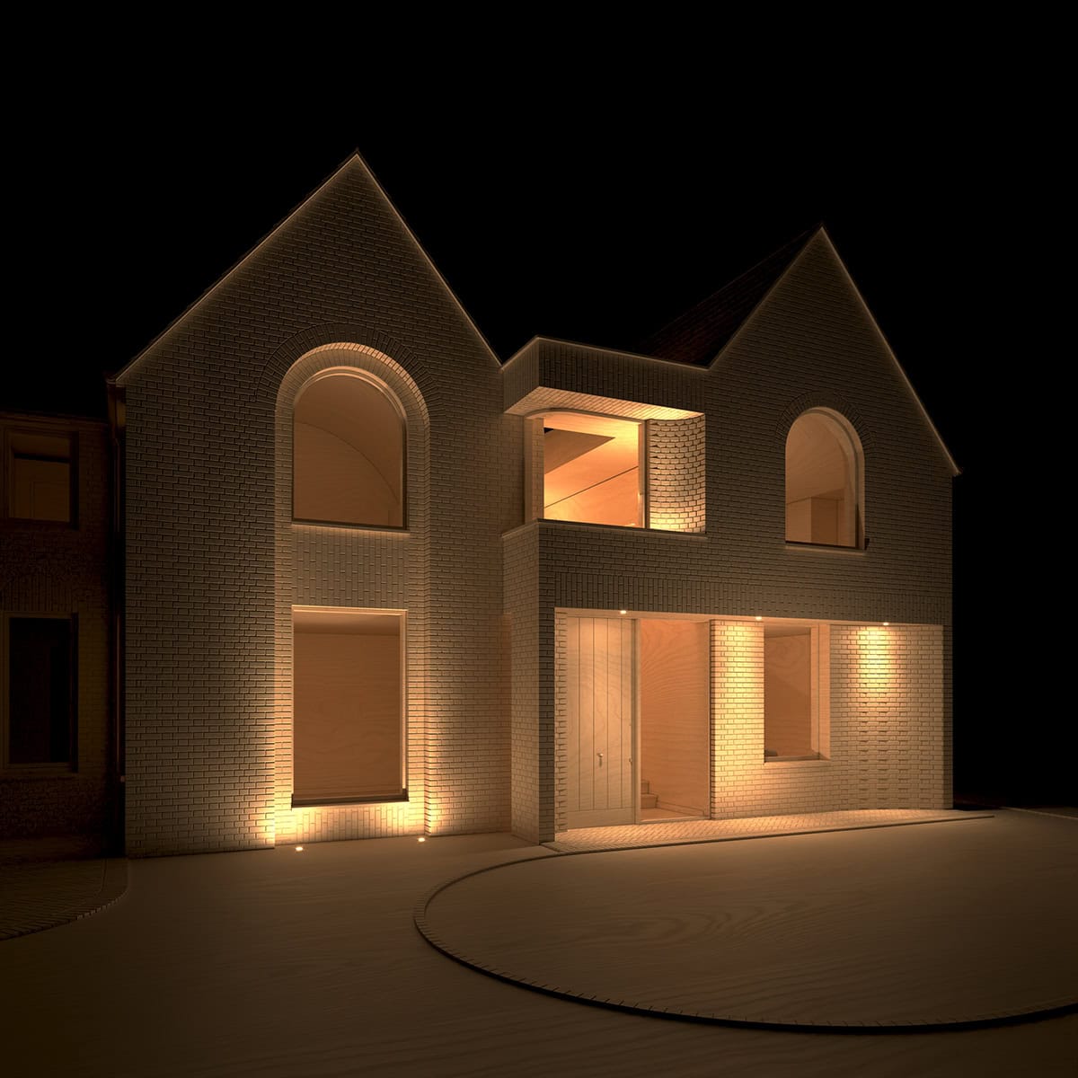 Subtle lighting accentuates the intricate brickwork, bringing warmth and texture to the home's exterior at dusk.