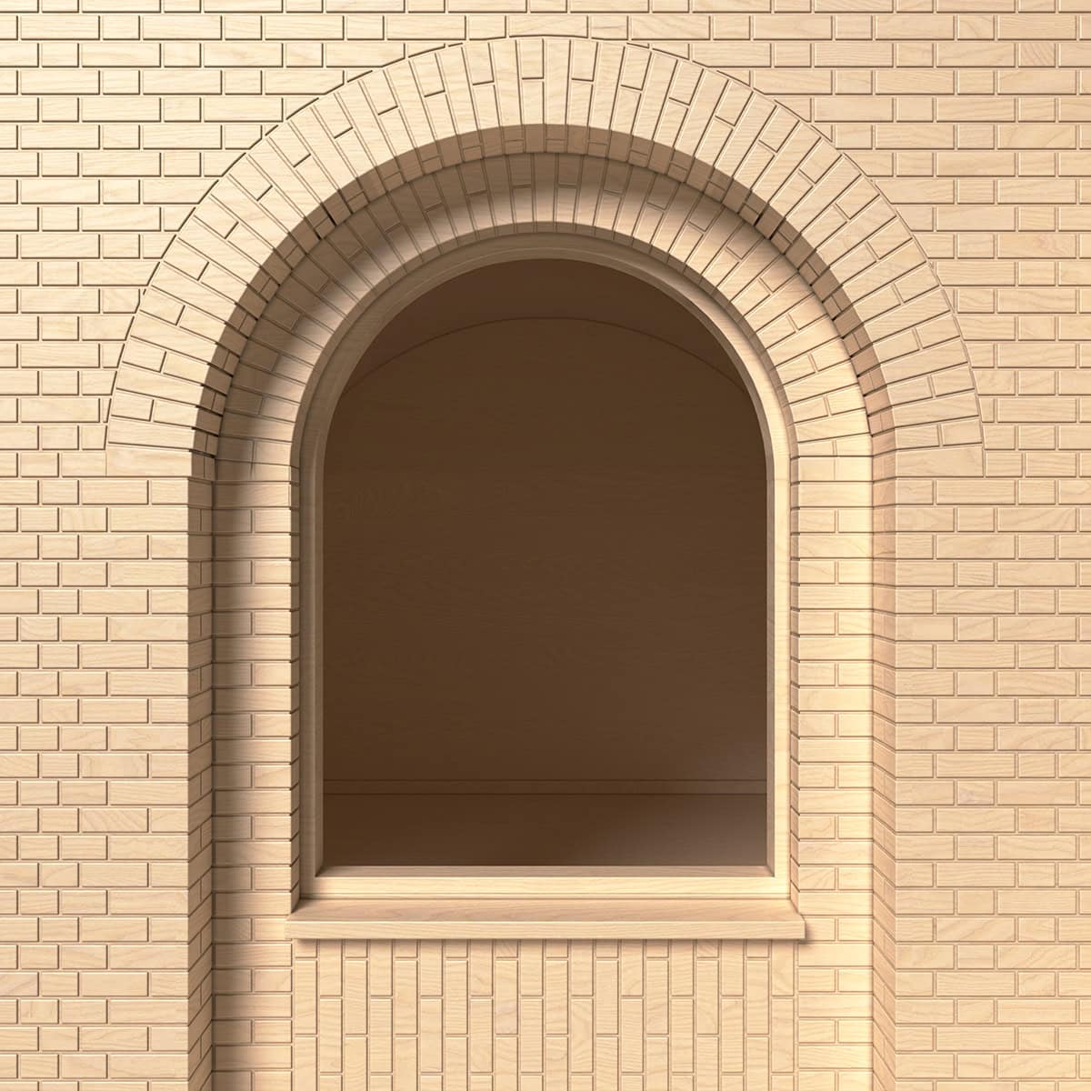 	Round-headed window to the master bedroom, framed by intricate brick arch detailing that adds depth and elegance to the façade.