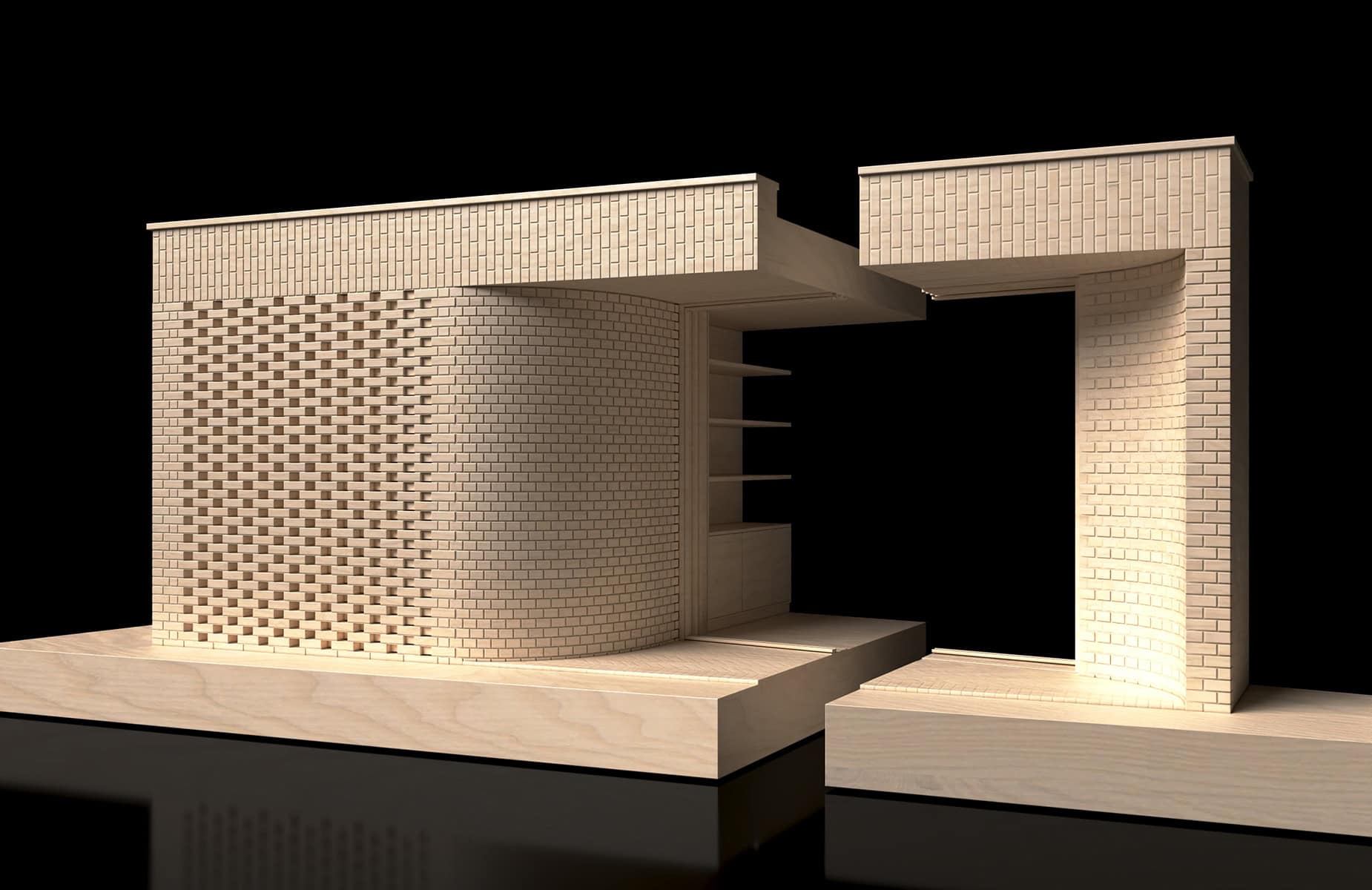 Detailed model showcasing the intricate brickwork patterns and curved forms of the rear garden elevation, emphasizing materiality and texture.