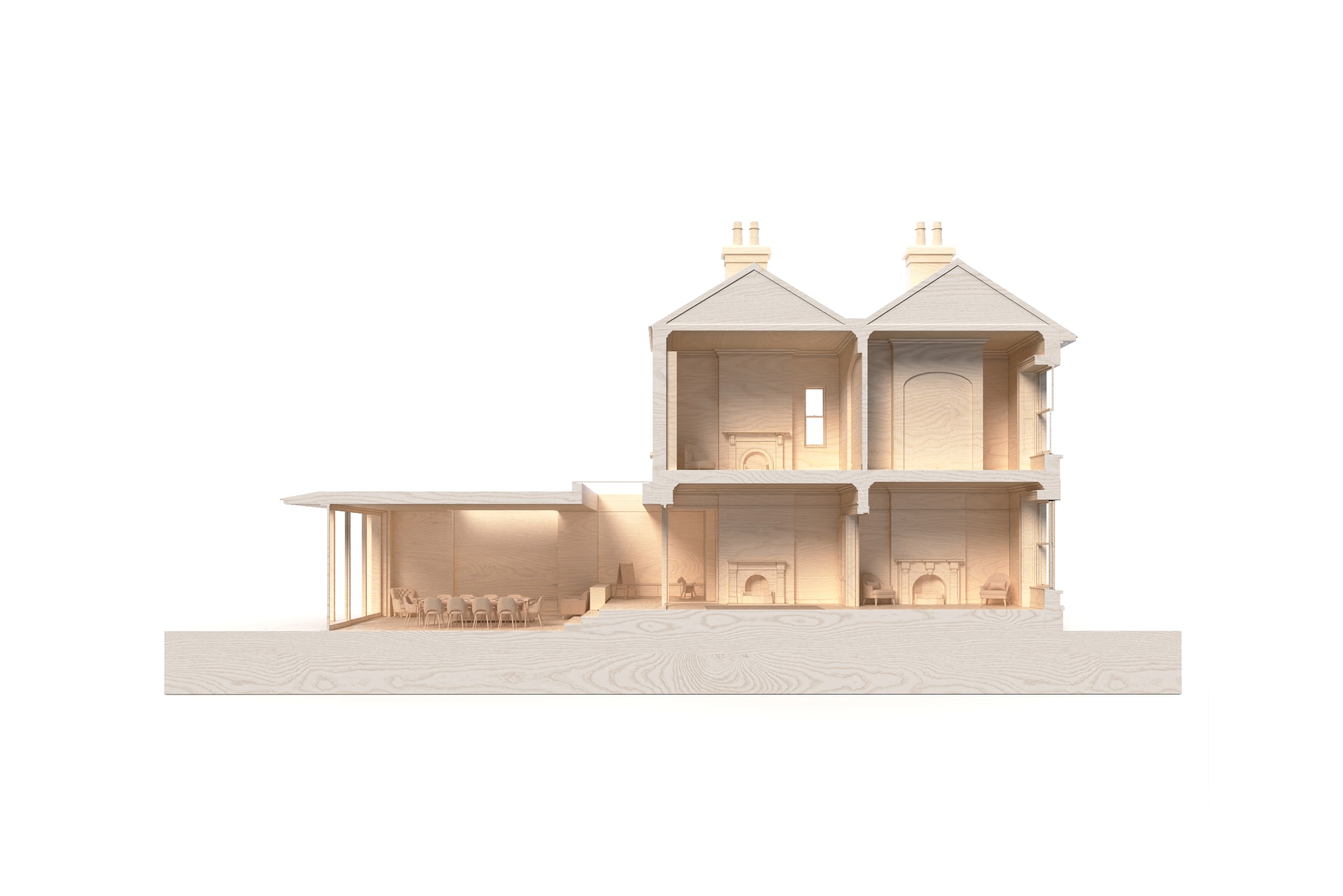 Section through Victorian house with new light filled Extension