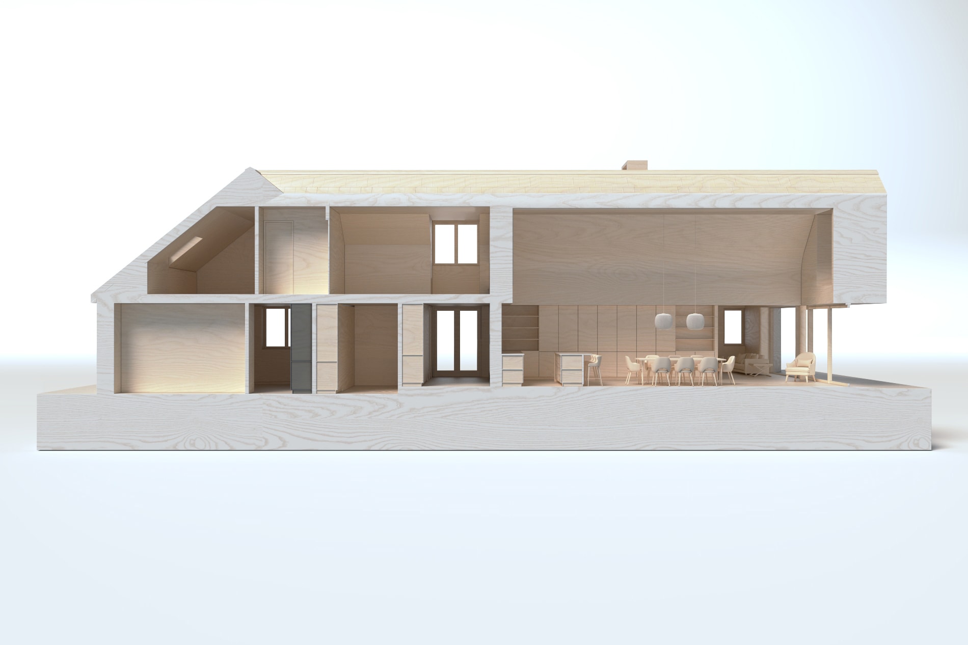 Long timber sectional model through double height living space