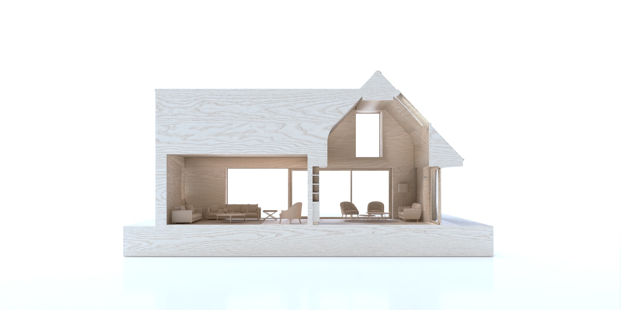 Timber sectional model through double height living space in house reconstruction