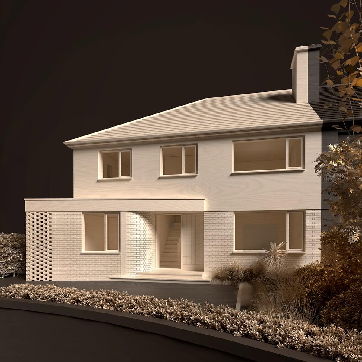 The redesigned front elevation is set within the tranquil cul-de-sac, showcasing the bold yet context-sensitive updates.