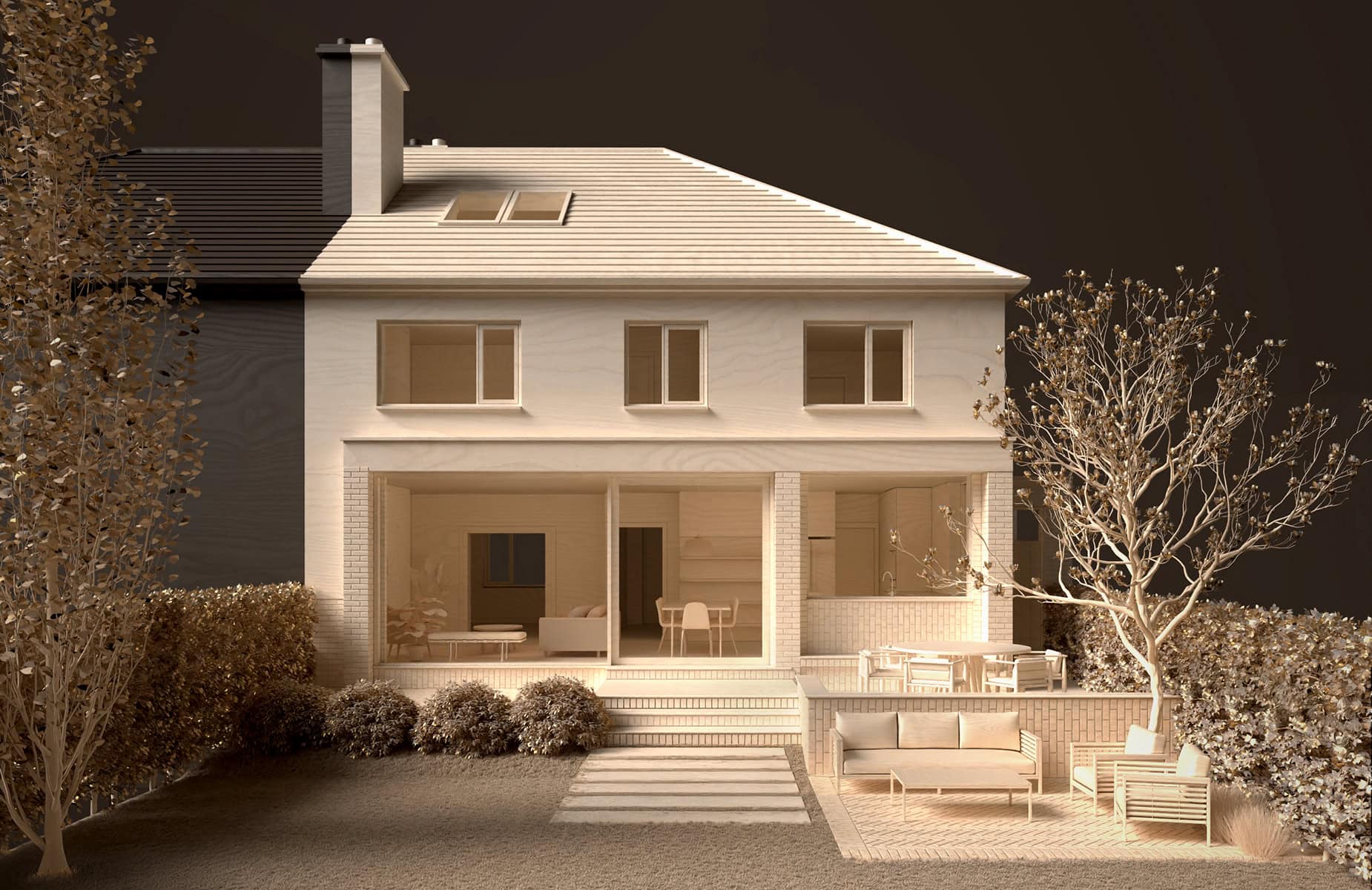 The reimagined rear elevation opens seamlessly to terraced gardens, connecting the home to the sloping site.